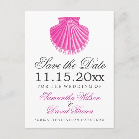 Beach Wedding Save the Date Scallop Muschel Pink Ankündigungspostkarte (Vorderseite)