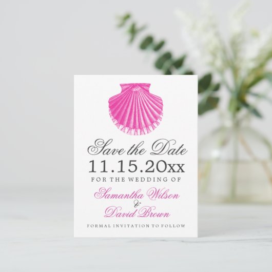 Beach Wedding Save the Date Scallop Muschel Pink Ankündigungspostkarte (Stehend Vorderseite)