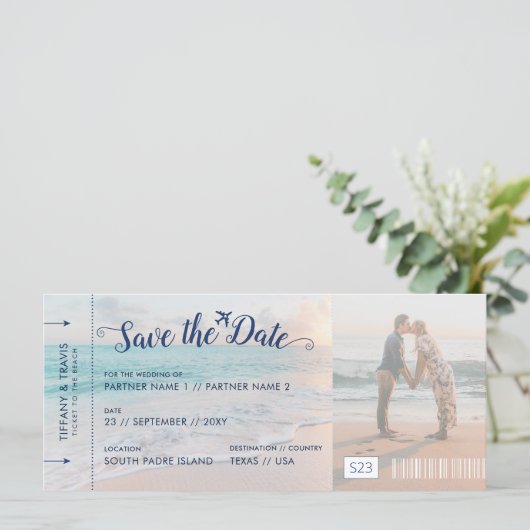 Beach Wedding Save the Date Ticket (Stehend Vorderseite)