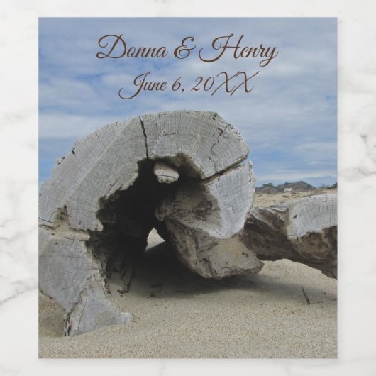 Beach Wedding Schönes Driftwood Foto Ozean Weinetikett (Einzelnes Label)