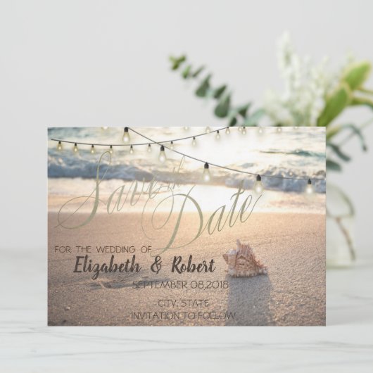 Beach Wedding, Seashell String Light Save the Date (Stehend Vorderseite)