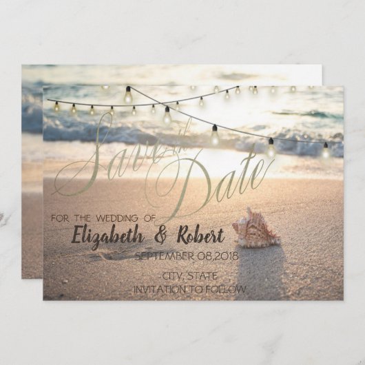 Beach Wedding, Seashell String Light Save the Date (Vorne/Hinten)