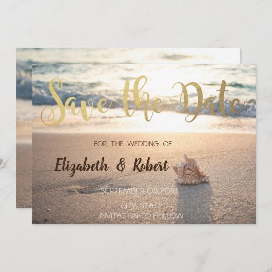 Beach Wedding, Seashell Sunset Save the Date (Vorne/Hinten)
