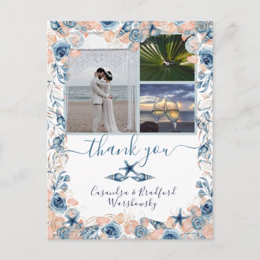 Beach Wedding Seashell und Rose Foto Vielen Dank Postkarte (Vorderseite)