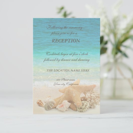 Beach Wedding Seashells Empfang Einladung (Stehend Vorderseite)