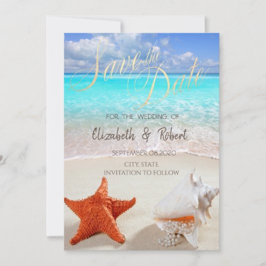 Beach Wedding Seashells Lights Save the Date (Vorderseite)