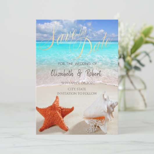 Beach Wedding Seashells Lights Save the Date (Stehend Vorderseite)