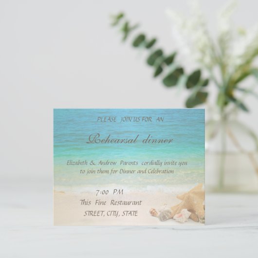 Beach Wedding Seashells Probe Dinner Einladung (Stehend Vorderseite)