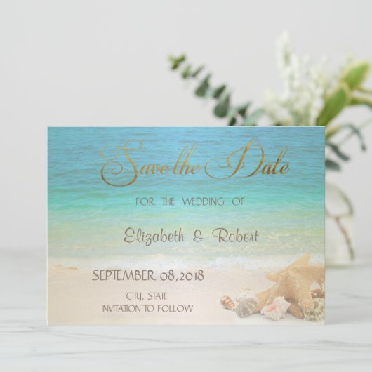 Beach Wedding Seashells Save the Date (Stehend Vorderseite)