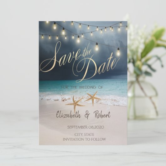Beach Wedding, Seastar String Lights Save the Date (Stehend Vorderseite)