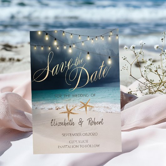Beach Wedding, Seastar String Lights Save the Date