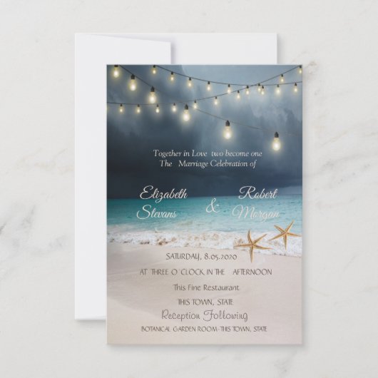 Beach Wedding Seastars String Lights Einladung (Vorderseite)