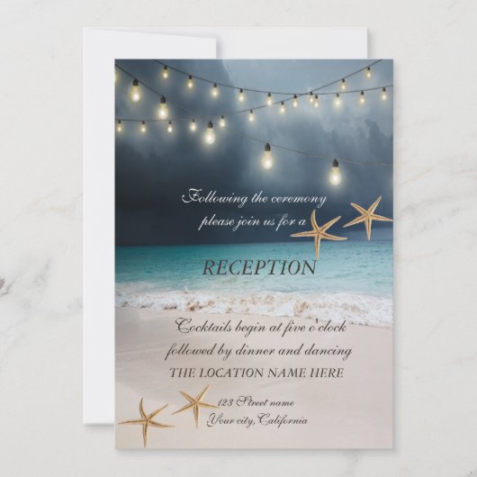 Beach Wedding, Seastars String Lights Empfang Einladung (Vorderseite)