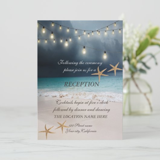 Beach Wedding, Seastars String Lights Empfang Einladung (Stehend Vorderseite)