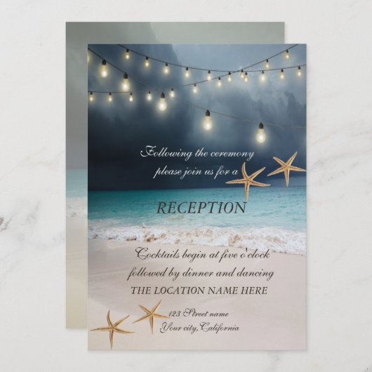Beach Wedding, Seastars String Lights Empfang Einladung (Vorne/Hinten)