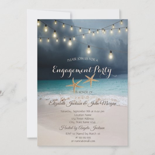Beach Wedding, Seastars String Lights Verlobung Einladung (Vorderseite)