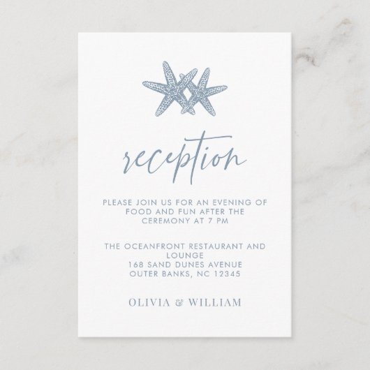 Beach Wedding Starfish Dusty Blue Empfang Begleitkarte (Vorderseite)
