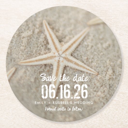 Beach Wedding Starfish Einzigartig Save the Date Runder Pappuntersetzer (Vorderseite)
