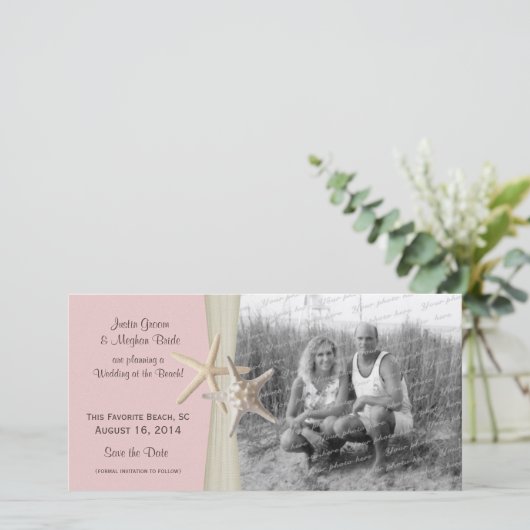 Beach Wedding Starfish Pink Save the Date Foto (Stehend Vorderseite)