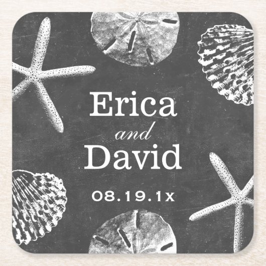 Beach Wedding Starfish & Seashells Chalkboard Rechteckiger Pappuntersetzer (Vorderseite)