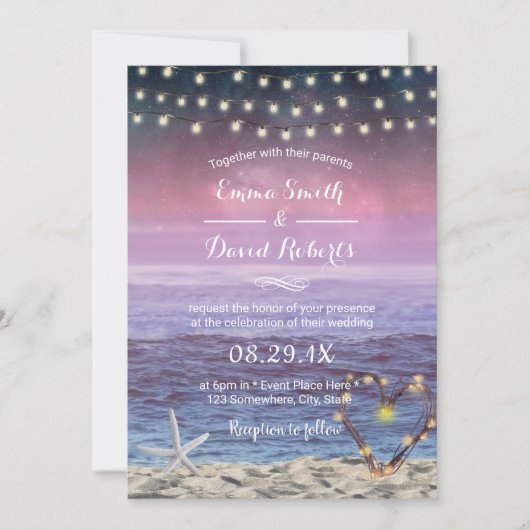Beach Wedding Starfish String Lights Herz Sunset Einladung (Vorderseite)