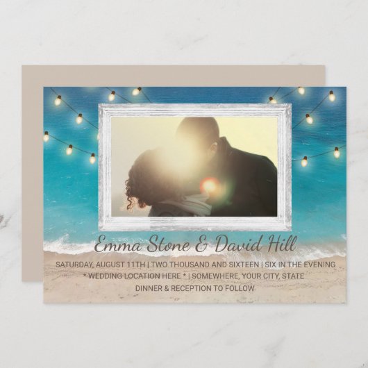 Beach Wedding String Lights mit Foto Einladung (Vorne/Hinten)