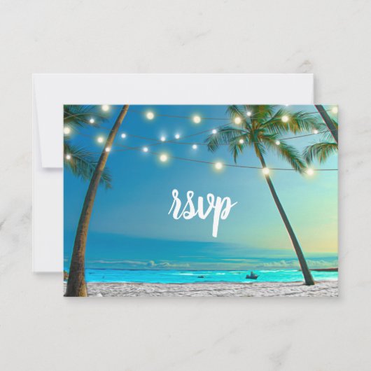 Beach Wedding String Lights Palm Trees Wedding RSVP Karte (Vorderseite)