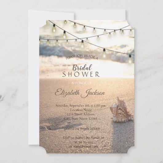 Beach Wedding String Lights Seashell Brautparty Einladung (Vorderseite)
