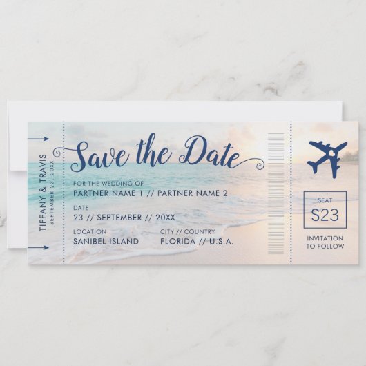 Beach Wedding Sunset Boarding Pass Save the Date Ankündigung (Vorderseite)
