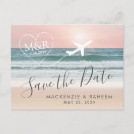 Beach Wedding Sunset Heart Flugzeug Save the Date Ankündigungspostkarte