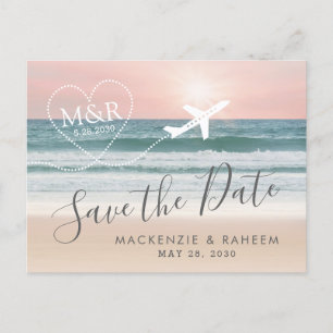 Beach Wedding Sunset Heart Flugzeug Save the Date Ankündigungspostkarte