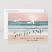 Beach Wedding Sunset Heart Flugzeug Save the Date Ankündigungspostkarte (Vorne/Hinten)