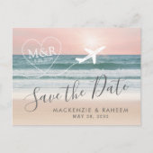 Beach Wedding Sunset Heart Flugzeug Save the Date Ankündigungspostkarte (Vorderseite)