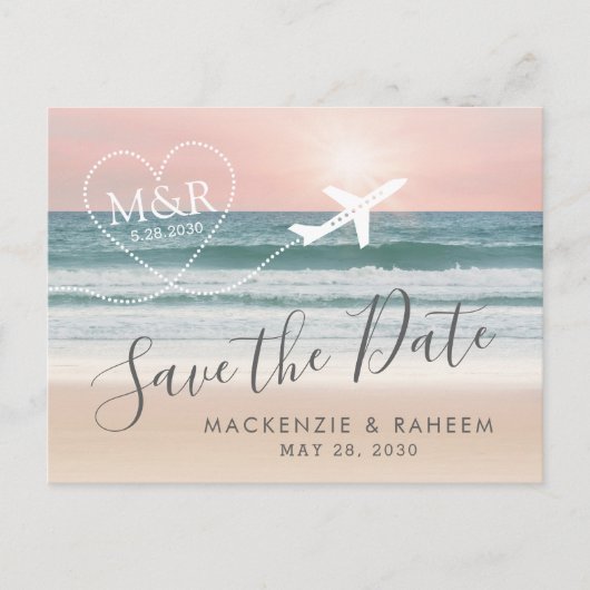 Beach Wedding Sunset Heart Flugzeug Save the Date Ankündigungspostkarte (Vorderseite)
