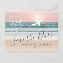 Beach Wedding Sunset Heart Flugzeug Save the Date Ankündigungspostkarte