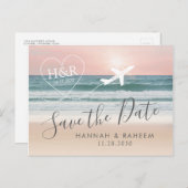Beach Wedding Sunset Heart Flugzeug Save the Date Ankündigungspostkarte (Vorne/Hinten)