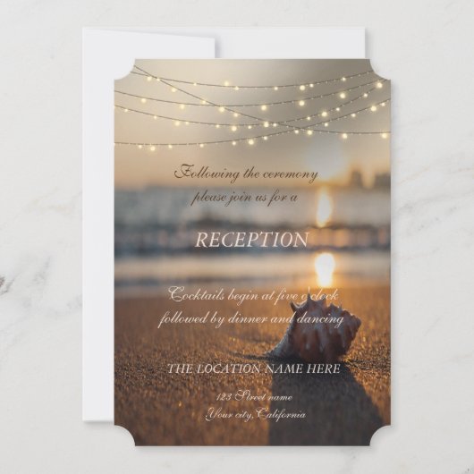 Beach Wedding Sunset Seashell Empfang Einladung (Vorderseite)