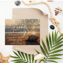 Beach Wedding Sunset Seashell Lights Save the Date