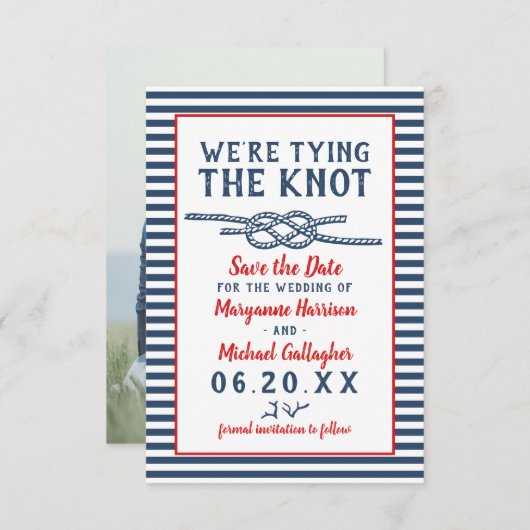 Beach Wedding The Knot Nautical Stripe Foto Save The Date (Vorne/Hinten)