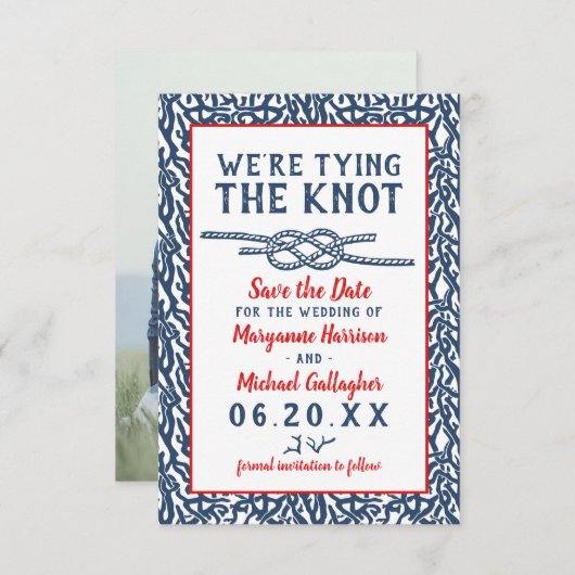 Beach Wedding The Knot Navy Blue Coral Foto Save The Date (Vorne/Hinten)