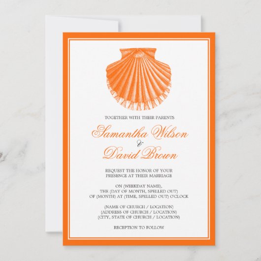 Beach Wedding Vintag Scallop Muschel Orange Einladung (Vorderseite)
