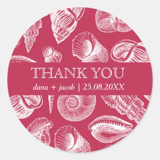 Beach Wedding Viva Magenta White Seashell Danke Runder Aufkleber (Vorderseite)