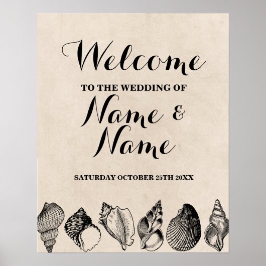 Beach Wedding Welcome Poster Muscheln Ozean (Vorne)