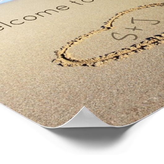Beach Wedding Welcome Sign Sand Herzinitialen Poster (Ecke)