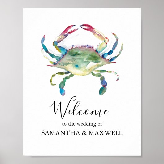 Beach Wedding Welcome Sign Watercolor Crab Poster (Vorne)