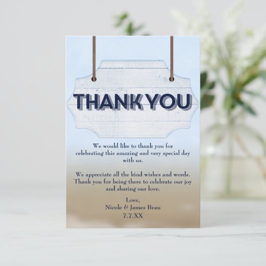 Beach Wedding White Wood Schild Danke Karte (Stehend Vorderseite)