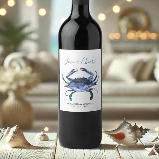 Beach Wedding Wine Labels Blue Crab Weinetikett
