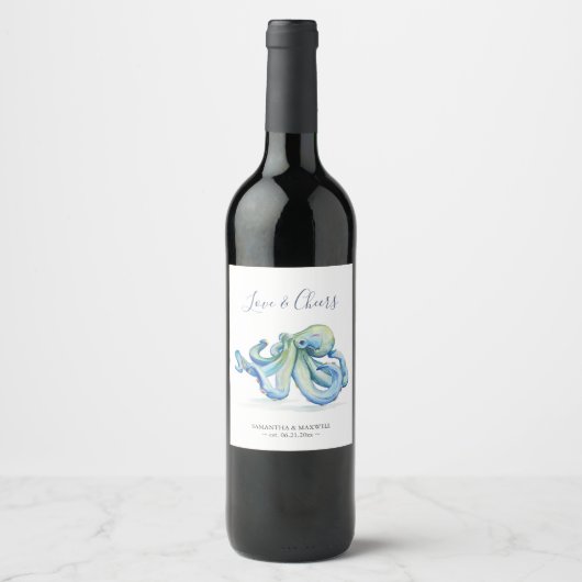 Beach Wedding Wine Labels Blue Octopus Weinetikett (Vorderseite)