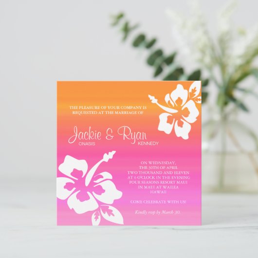 Beach Weditation Hibiskus Rosa Orange Einladung (Stehend Vorderseite)