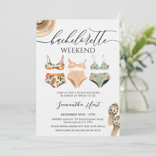 Beach Weekend Bikini Bachelorette Brautparty Einladung (Stehend Vorderseite)
